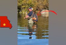 Missouri Dude at Bennett Springs Fishing with Dog in His Backpack